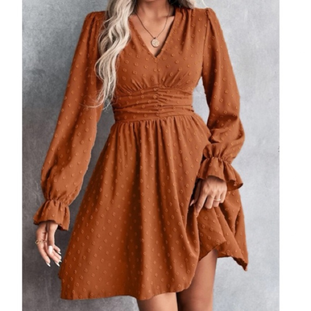 Swiss dot flounce sleeve dress rust brown